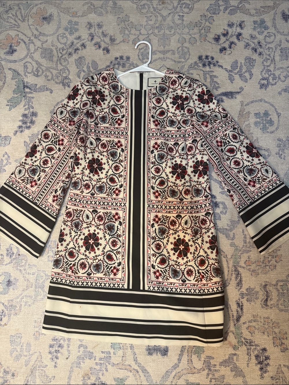 Tuckernuck White Mini Dress with Black Stripes and Burgundy Floral Motif